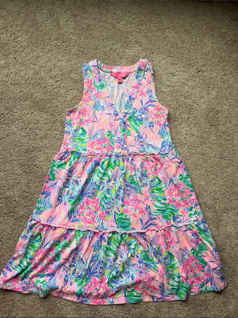 Lilly Pulitzer Disney Pink Floral Tiered Sundress with Green & Blue Accents